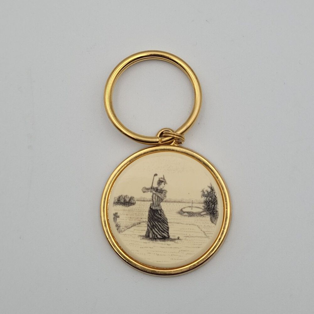 Vintage Barlow Lady Golfer Key Ring Gold Tone Faux Scrimshaw Art Victorian Woman